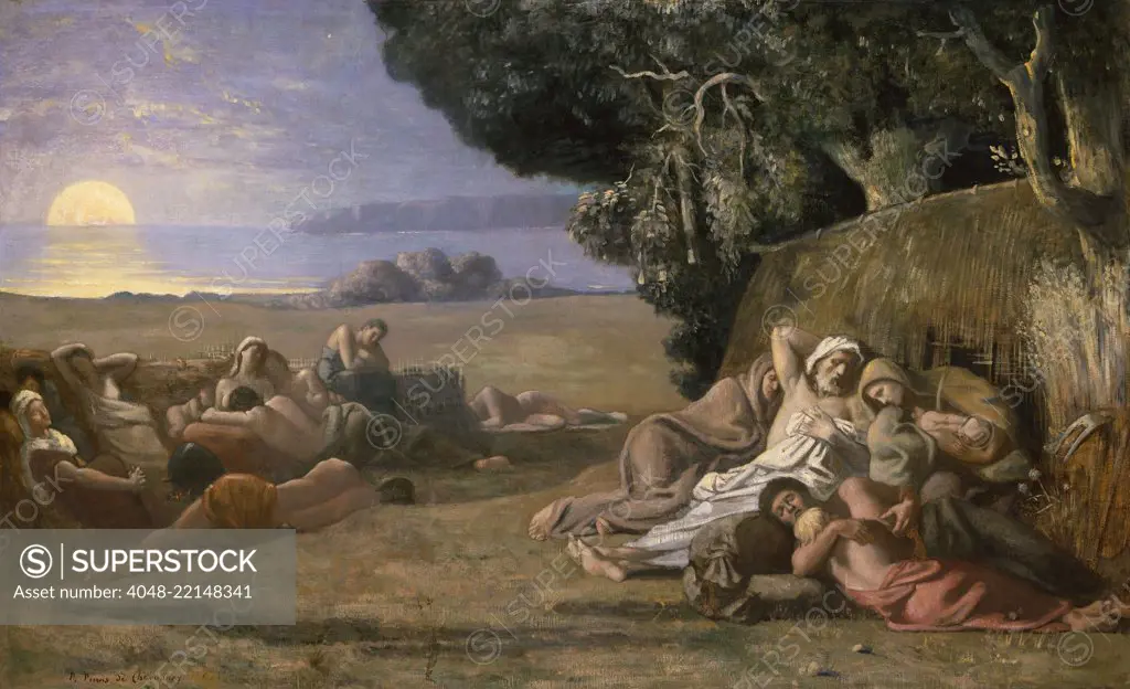 Sleep, by Pierre Puvis de Chavannes, 186770, French Romantic/Symbolist painting, oil on canvas. The artist depicts a classically clothed group sleeping after a harvest, safe in an idyllic moment of peace (BSLOC_2017_5_122)