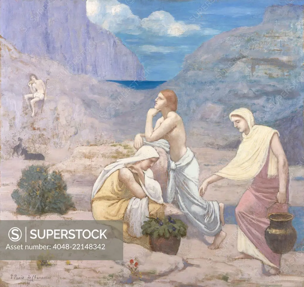 The Shepherd's Song, by Pierre Puvis de Chavannes, 1891, French Romantic/Symbolist oil painting. The artist adapted his figures from Greco-Roman classical models and antique subjects, evoking a timeless dream world (BSLOC_2017_5_123)