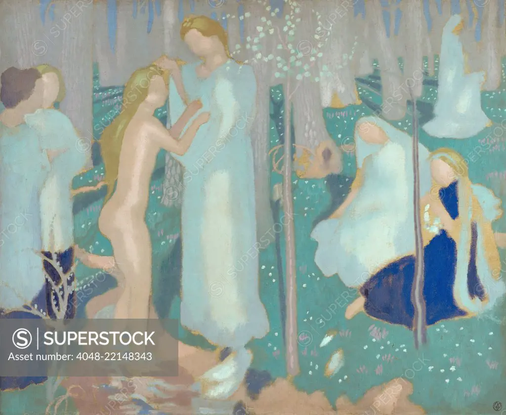 Springtime, by Maurice Denis, 1894-99, French Symbolist painting, oil on canvas. This is a study for his 1899 painting 'Virginal Spring' in which young women in a purification ritual. In this work, the Symbolist artist used women to represent innocence an (BSLOC_2017_5_125)