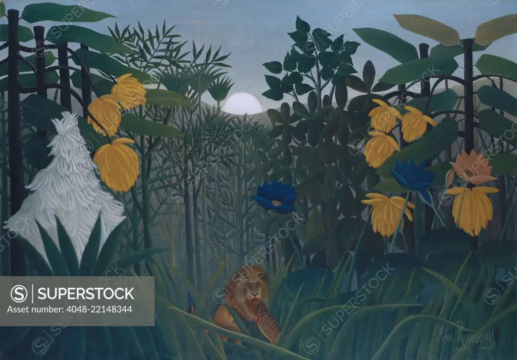 The Repast of the Lion, by Henri Rousseau, 1907, French Primitivism, painting, oil on canvas. The self-taught naive artist based the exotic vegetation on studies that he made in Pariss botanical gardens, and adapted the wild beasts from popular illustrat (BSLOC_2017_5_126)