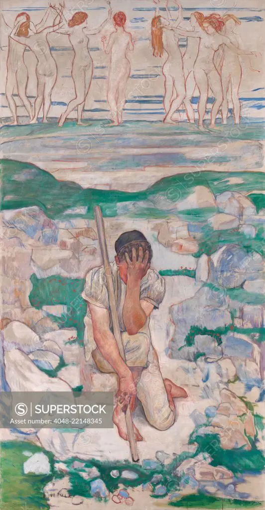 The Dream of the Shepherd, by Ferdinand Hodler, 1896, Swiss Symbolist painting, oil on canvas. A shepherd appears to be anguished by his vision of naked dancing women (BSLOC_2017_5_124)