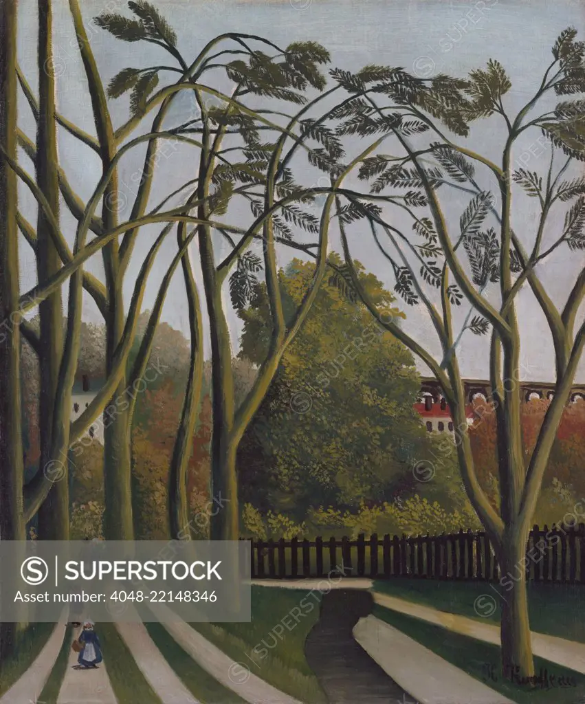 The Banks of the Bievre near Bicetre, by Henri Rousseau, 1908-09, French Primitivism, oil painting. The scene depicts the landscape around a working-class community on the southern edge of Paris (BSLOC_2017_5_127)