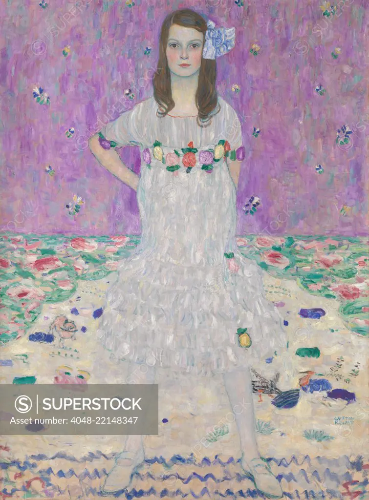 Mada Primavesi, by Gustav Klimt, 1912-13, Austrian Symbolist painting, oil on canvas. This portrait depicts a nine-year-old girl, standing before pastel colored patterns. Her parents were Otto and Eugenia Primavesi, patrons of progressive Viennese arts (BSLOC_2017_5_128)