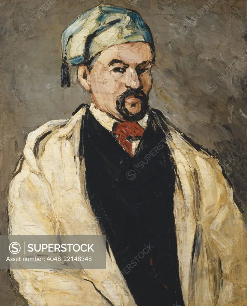 Antoine Dominique Sauveur Aubert, by Paul Cezanne, 1866, French Post-Impressionist oil painting. Cezanne painted his maternal uncle, Dominique Aubert, in different costumes, such as this robe and tasseled blue cap (BSLOC_2017_5_13)