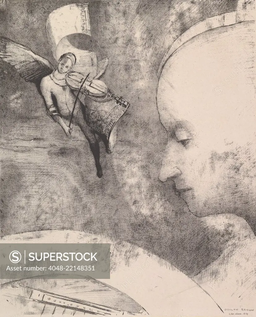 The Celestial Art, by Odilon Redon, 1894, French Symbolist print, lithograph. Anticipating Surrealism, Redon's lithograph juxtaposed a floating winged figure playing a violin with an hairless human head looking down at an enigmatic object (BSLOC_2017_5_131)