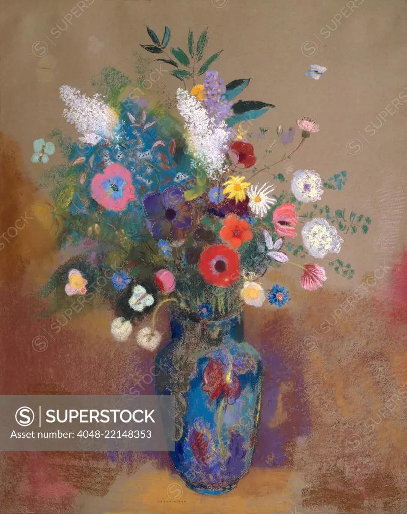 Bouquet of Flowers, by Odilon Redon, 1905, French Symbolist drawing, pastel on paper. Created when the artist was 65 years old, this still life combines a variety flowers in a vase in an undefined space (BSLOC_2017_5_134)