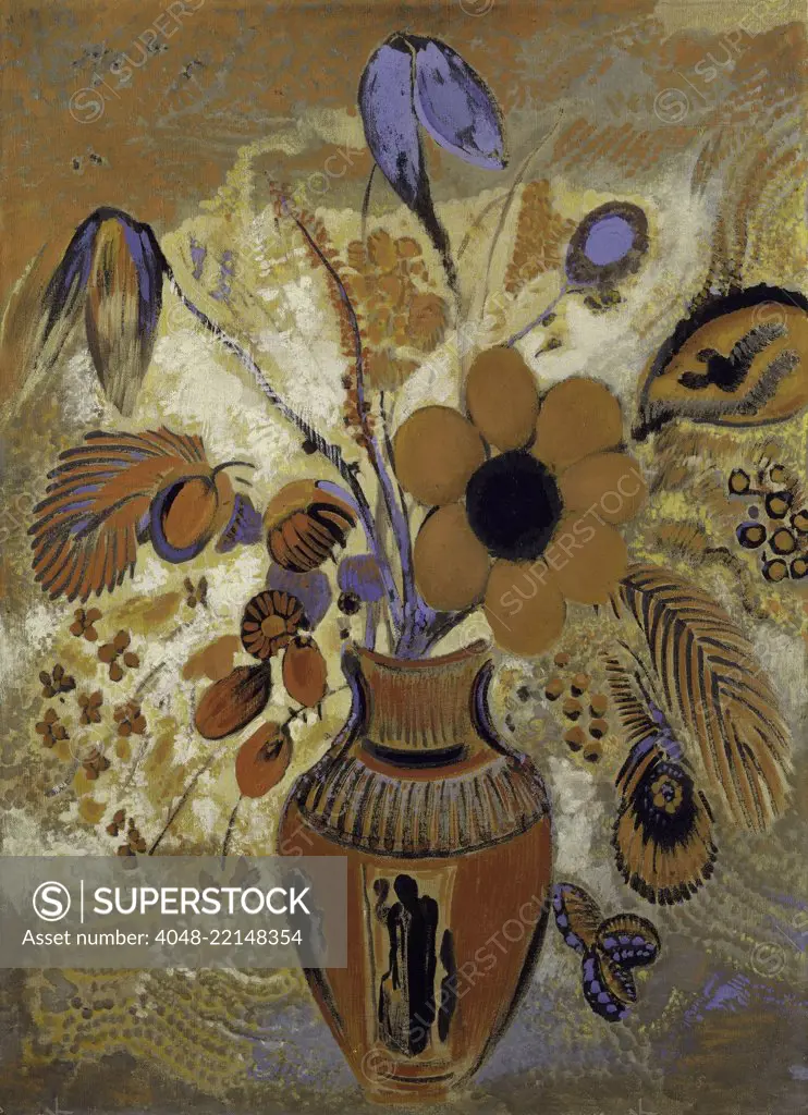 Etruscan Vase with Flowers, by Odilon Redon, 1900-10, French Symbolist painting, tempera on canvas. The bouquet combines real and imaginary flowers painted with varying degrees of abstraction (BSLOC_2017_5_133)