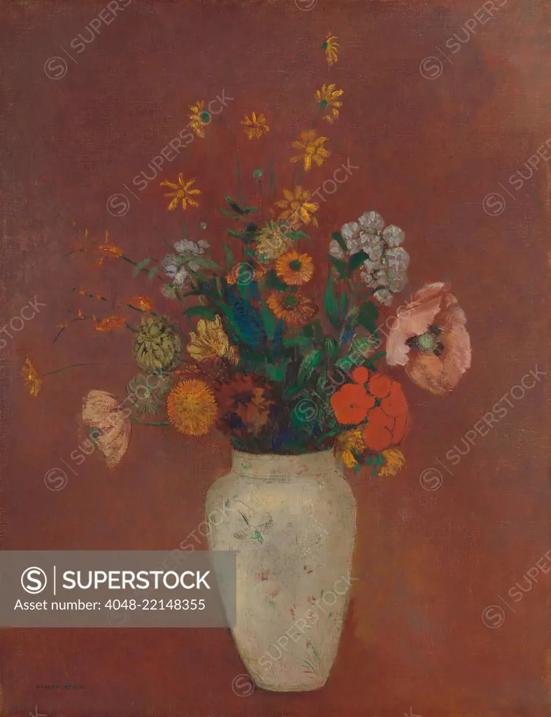 Bouquet in a Chinese Vase, by Odilon Redon, 1912-14, French Symbolist painting, oil on canvas. This modernist still life combines naturalist depictions of flowers with bright flat colors, impressionistic brushwork, and a flat background (BSLOC_2017_5_136)