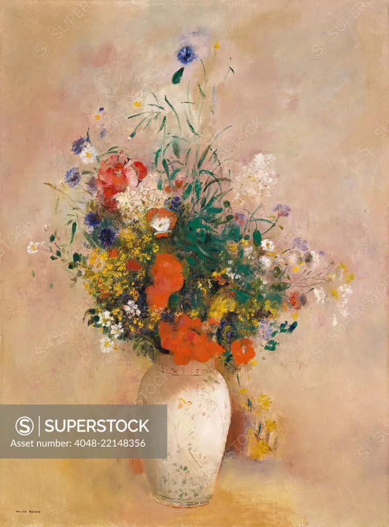 Vase of Flowers (Pink Background), by Odilon Redon, 1906, French Symbolist painting, oil on canvas. Redon painted this bouquet with identifiable flowers as poppies and cornflowers. It is modern in its generalized forms, bright flat colors, impressionistic (BSLOC_2017_5_135)