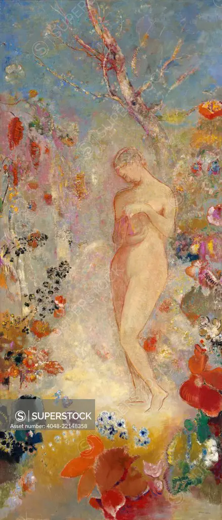 Pandora, by Odilon Redon, 1914, French Symbolist painting, oil on canvas. The first mortal woman of Greek myth, still innocent, stands naked with the box she is forbidden to open. When she does open it, she will release the evils of mankind and end the Go (BSLOC_2017_5_138)