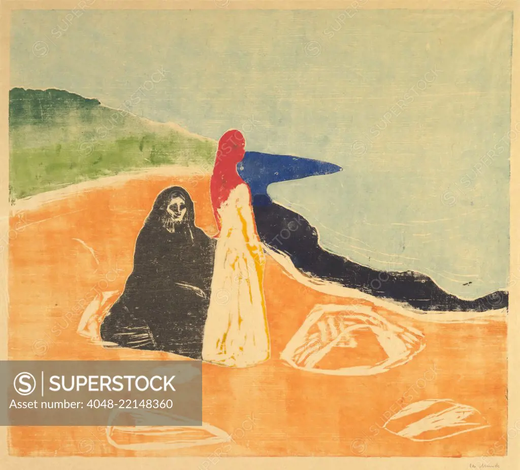 Two Women on the Shore, by Edvard Munch, 1898, Symbolist/Norwegian Expressionist print, woodcut. A young woman in white faces the open sea. Beside her is a seated figure in black in Munch's pessimist contrast of youth and old age (BSLOC_2017_5_140)