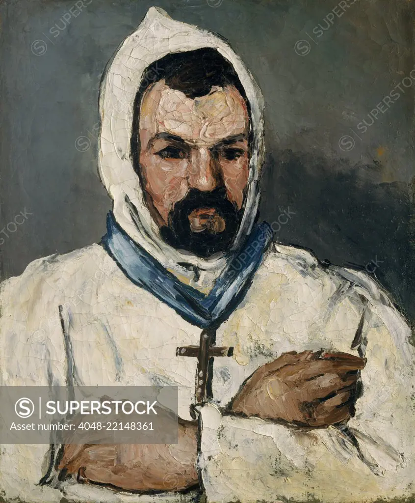 Artist's Uncle, as a Monk, by Paul Cezanne, 1866, French Post-Impressionist oil painting. Cezanne painted his maternal uncle, Dominique Aubert, in different costumes, such as this habit of a Dominican monk (BSLOC_2017_5_14)