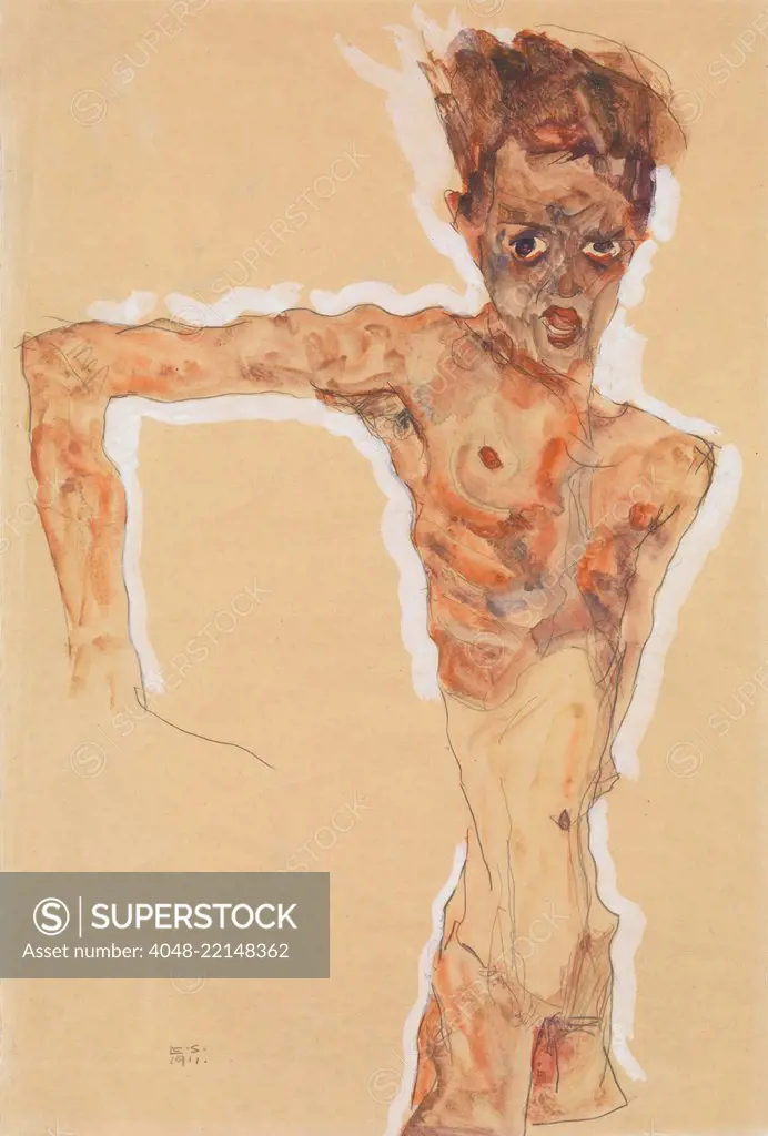 Self-Portrait, by Egon Schiele, 1911, Austrian Expressionist watercolor, painting. The young artist depicts himself as an emaciated figure, distorting his forms and contours, for expressive effect (BSLOC_2017_5_142)