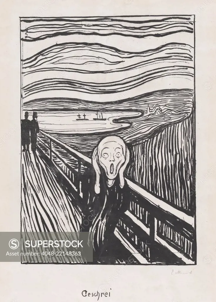 The Scream, by Edvard Munch, 1895, Norwegian Symbolist/Expressionist print, lithograph. The skull like human head has a single psychological dimension. The precursor of this image was a drawing of a man, Munch himself, on a similar bridge, in which he 'fe (BSLOC_2017_5_141)