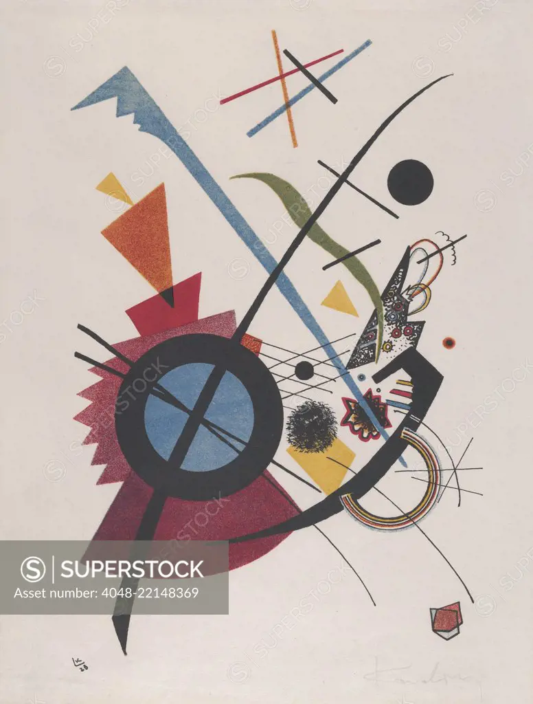 Violett, by Vasily Kandinsky, 1923, Russian French Expressionist print, lithograph. Geometrical elements, circles, arcs, triangles, straight lines and curves, mix with irregular hand drawn forms in this abstract lithograph (BSLOC_2017_5_148)