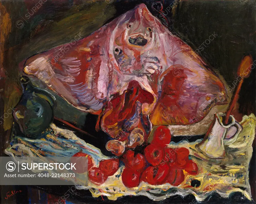 Still Life with Rayfish, by Chaim Soutine, 1924, Russian French Expressionist oil painting. In this canvas, Soutine referenced Chardin's 'The Rayfish' of the 18th century. He painted the dead animal with thick, fluid brushstrokes in a still life with a dr (BSLOC_2017_5_151)