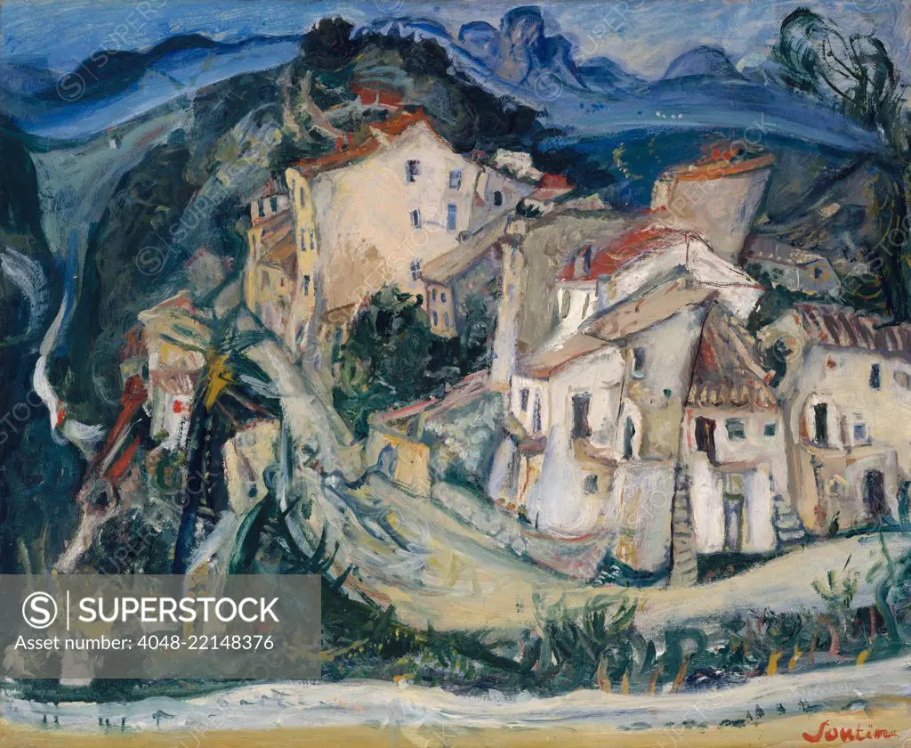 View of Cagnes, by Chaim Soutine, 1924-25, Russian French Expressionist painting, oil on canvas. 1923 to 1925, Soutine lived in the mountain village of Cagnes on the French Rivera. His painted this landscape with expressionistic brushwork, stacking and di (BSLOC_2017_5_152)