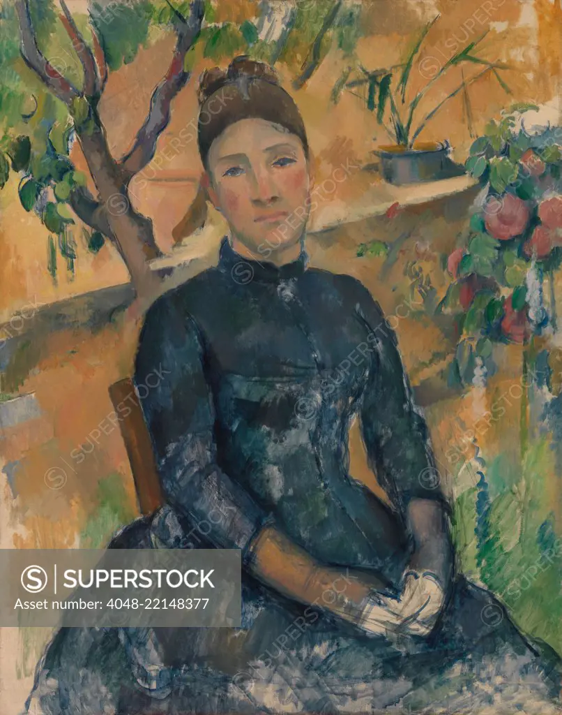 Madame Cezanne, by Paul Cezanne, 1891, French Post-Impressionist painting, oil on canvas. The painting is most developed in and around the head and shoulders, with the hands and lower areas sketched in (BSLOC_2017_5_18)