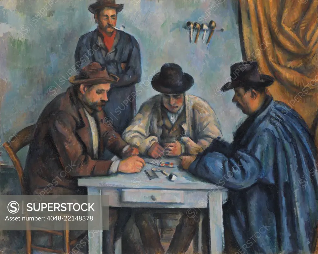 The Card Players, by Paul Cezanne, 1890-92, French Post-Impressionist painting, oil on canvas. This is believed to be the first of five paintings Cezanne made of peasants playing cards (BSLOC_2017_5_19)