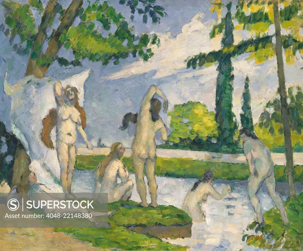 Bathers, by Paul Cezanne, 187475, French Post-Impressionist painting, oil on canvas. Painted in bright, high-keyed impressionist palette, this is one of his first bathers paintings (BSLOC_2017_5_2)