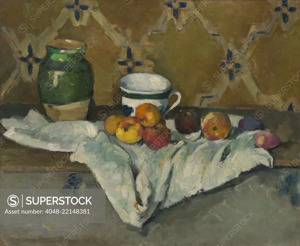 Still Life with Jar, Cup, and Apples, by Paul Cezanne, 1877, French Post-Impressionist oil painting. The wallpaper's diagonal pattern continues in the folds of white cloth (BSLOC_2017_5_21)