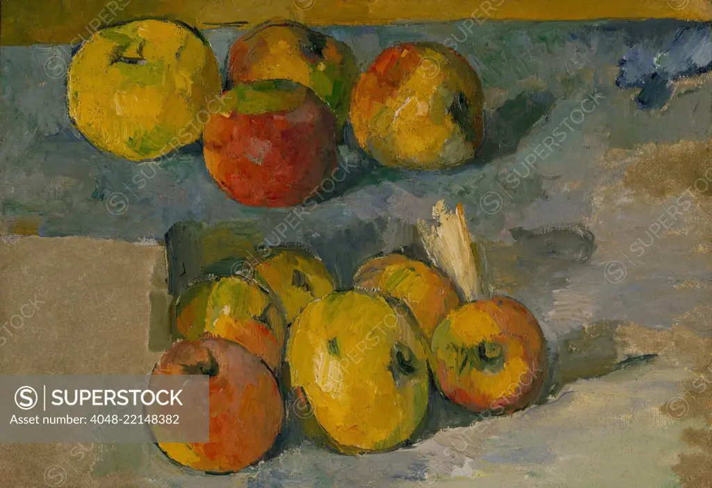 Apples, by Paul Cezanne, 1878-79 or 1883-87, French Post-Impressionist painting, oil on canvas. Cezannes dealer, Ambroise Vollard, sold this picture to the painter Edouard Vuillard, in exchange for one of the artists own works (BSLOC_2017_5_22)