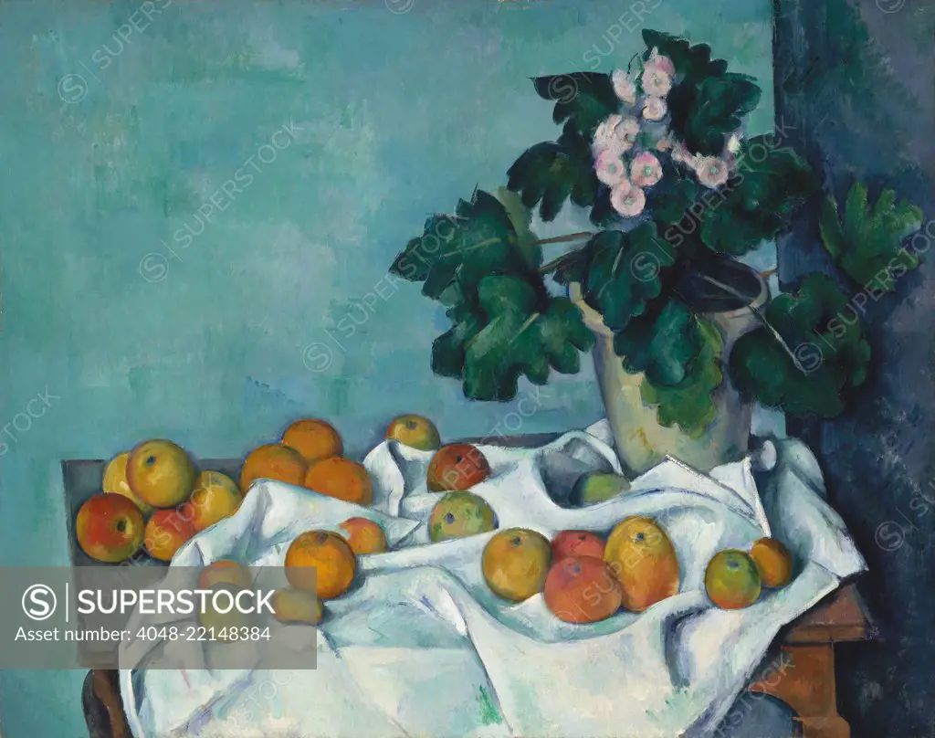 Still Life with Apples and a Pot of Primroses, by Paul Cezanne, 1890, French Post-Impressionism. Monet, the master Impressionist painter, once owned this painting (BSLOC_2017_5_23)