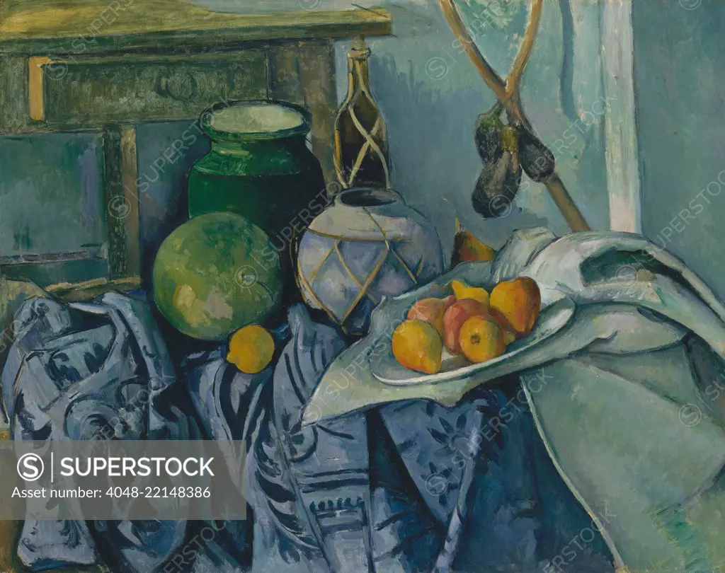 Still Life with a Ginger Jar and Eggplants, by Paul Cezanne, 1893-94, French Post-Impressionism. The artist relaxed traditional rules of perspective, and integrated different visual viewpoints within the same still life painting (BSLOC_2017_5_25)