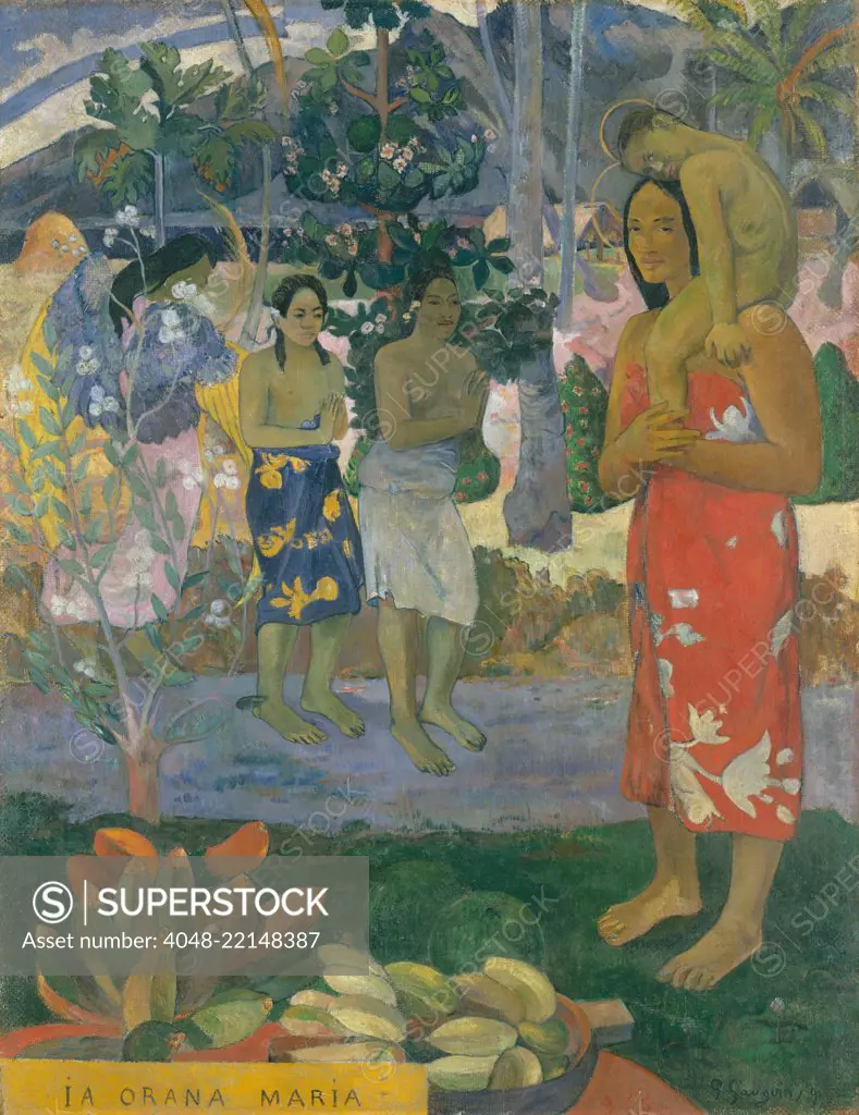 Hail Mary (Ia Orana Maria), by Paul Gauguin, 1891, French Post-Impressionist painting, oil on canvas. Gauguin devoted this first major Tahitian canvas, to a Christian theme, with an angel with yellow wings revealing a Tahitian Mary and Jesus, to island wo (BSLOC_2017_5_28)