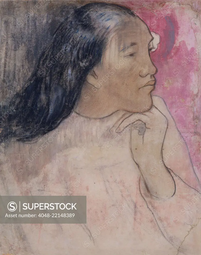 Tahitian Woman with a Flower in Her Hair, by Paul Gauguin, 1891-92, French Post-Impressionism. This is a mixed media drawing of charcoal, pastel, and wash (BSLOC_2017_5_29)