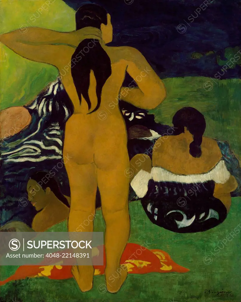 Tahitian Women Bathing, by Paul Gauguin, 1892, French Post-Impressionist painting, oil on paper. The artist painted with large areas of intense orange, green, and blue (BSLOC_2017_5_31)