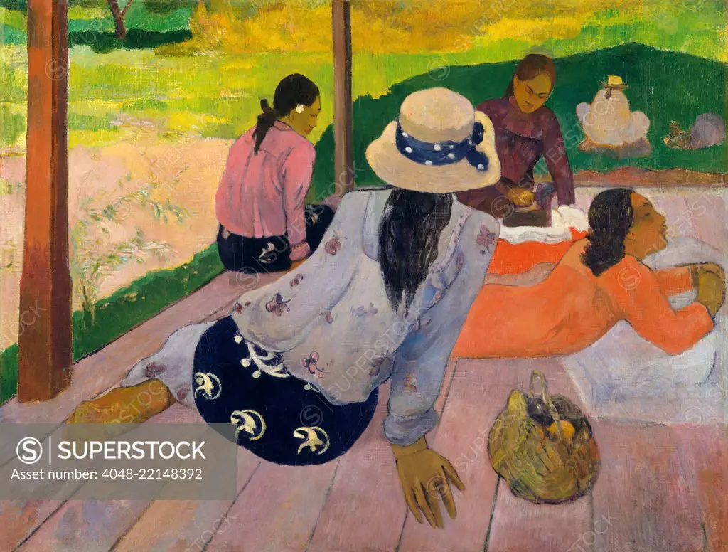 The Siesta, by Paul Gauguin, 1892-94, French Post-Impressionist painting, oil on canvas. Tahitian women gathered in an open-sided shelter with wood plank floor (BSLOC_2017_5_32)