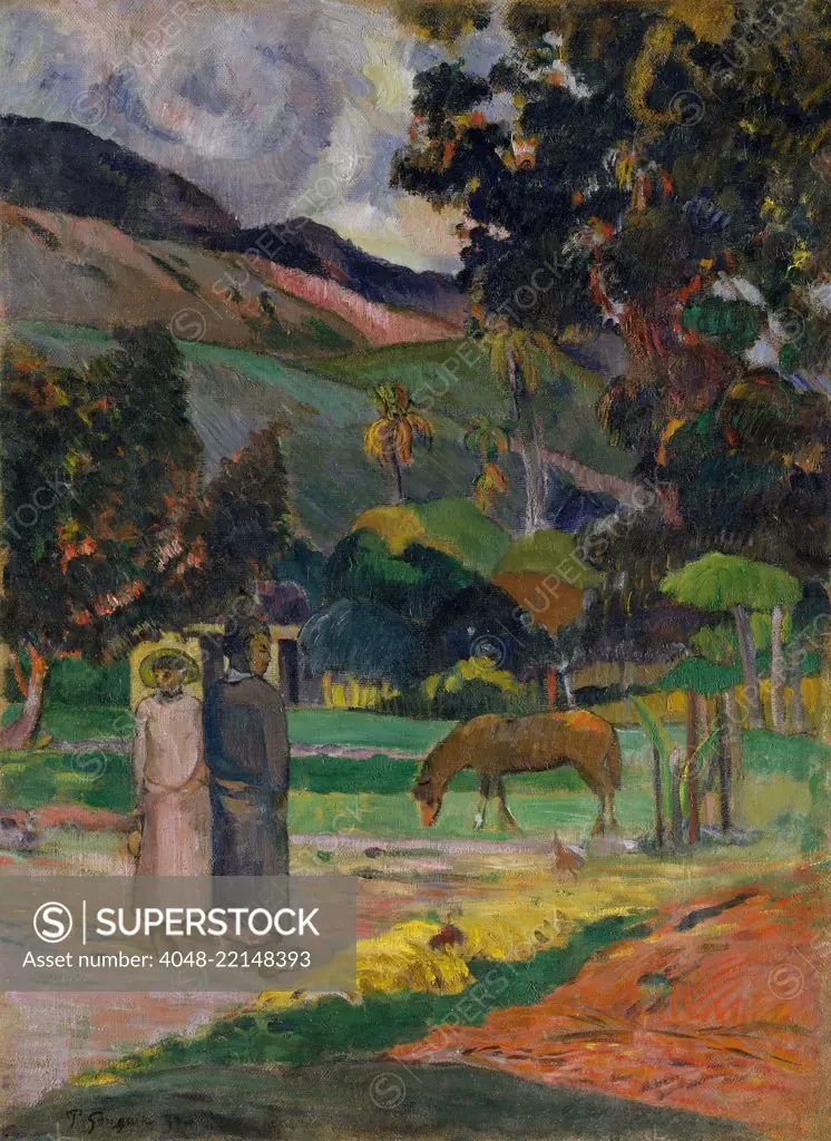 Tahitian Landscape, by Paul Gauguin, 1892, French Post-Impressionist painting, oil on canvas. Gauguin painted this during his first trip to Tahiti, depicting small figures, a horse, and hut in a tropical scene (BSLOC_2017_5_30)