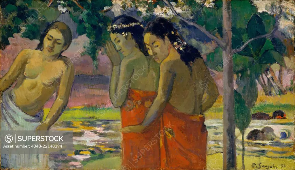 Three Tahitian Women, by Paul Gauguin, 1896, French Post-Impressionist painting, oil on canvas. The women are dressed in pareus in a tropical landscape (BSLOC_2017_5_33)