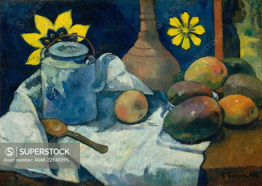 Still Life with Teapot and Fruit, by Paul Gauguin, 1896, French Post-Impressionist oil painting. Gauguin's still life has mangoes and a Tahitian-style printed cloth as a backdrop. There is a figure at the upper right, seen through a door or window (BSLOC_2017_5_34)