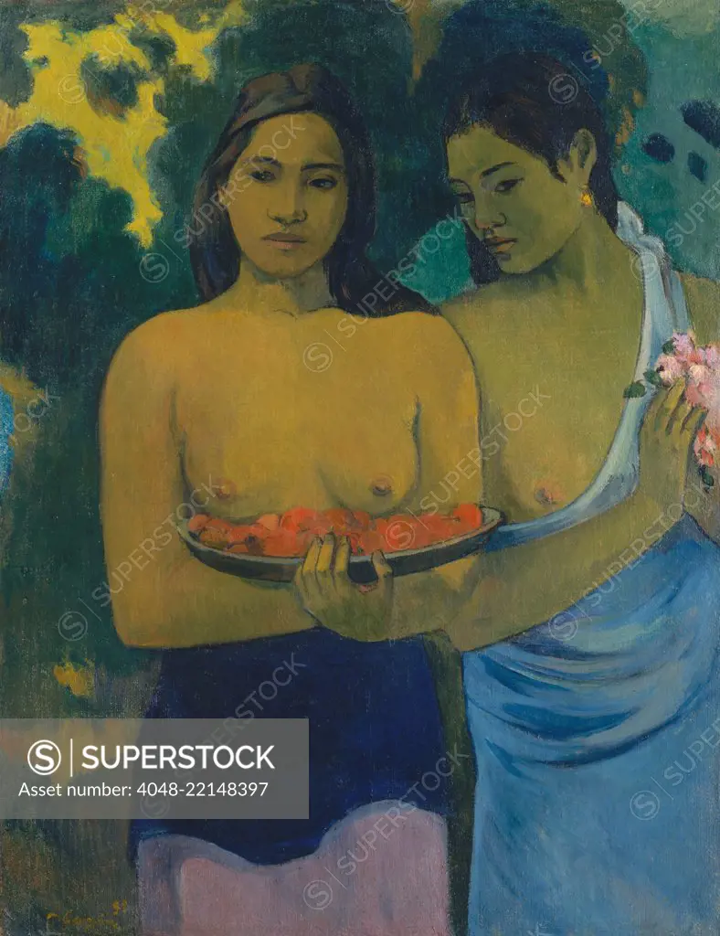 Two Tahitian Women, by Paul Gauguin, 1899, French Post-Impressionist painting, oil on canvas. This work features the beauty of the Tahitian women, painted with sculpturally modeled forms with subtle gestures and facial expression (BSLOC_2017_5_36)