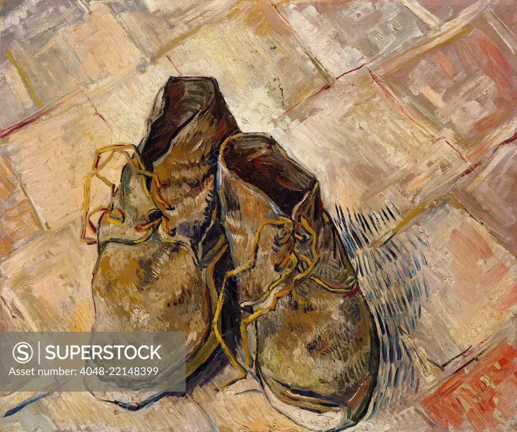 Shoes, by Vincent Van Gogh, 1888, Dutch Post-Impressionist, oil on canvas. These worn shoes were painted on the red-tile floor of the Yellow House, his home and studio in Arles (BSLOC_2017_5_39)