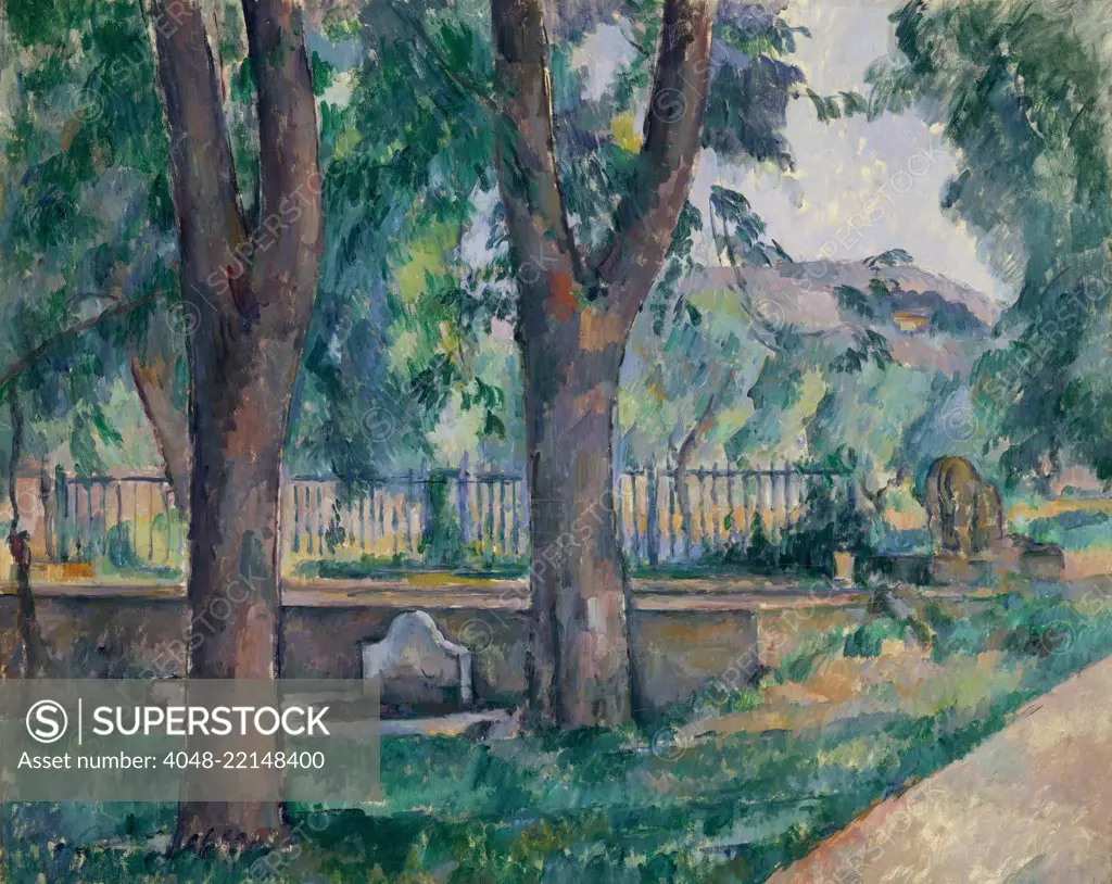 Pool at the Jas de Bouffan, by Paul Cezanne, 1886-89, French Post-Impressionist oil painting. This was painted at the Cezanne family estate near Aix-en-Provence. The pool was for water storage and washing. On right is one of the pool's lion shaped watersp (BSLOC_2017_5_4)