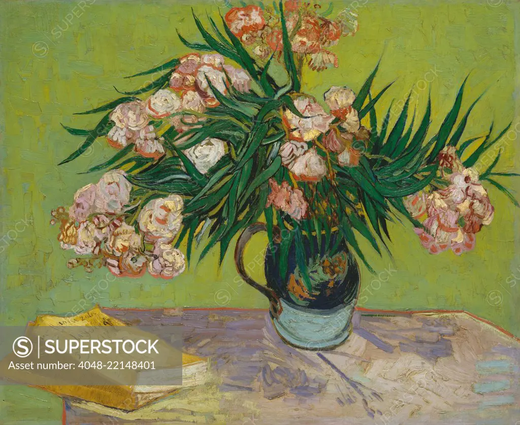 Oleanders, by Vincent Van Gogh, 1888, Dutch Post-Impressionist, oil on canvas. The flowers fill a majolica jug that he used for other still lifes and share the table with Emile Zola's novel, 'La Joie de Vivre' (BSLOC_2017_5_40)