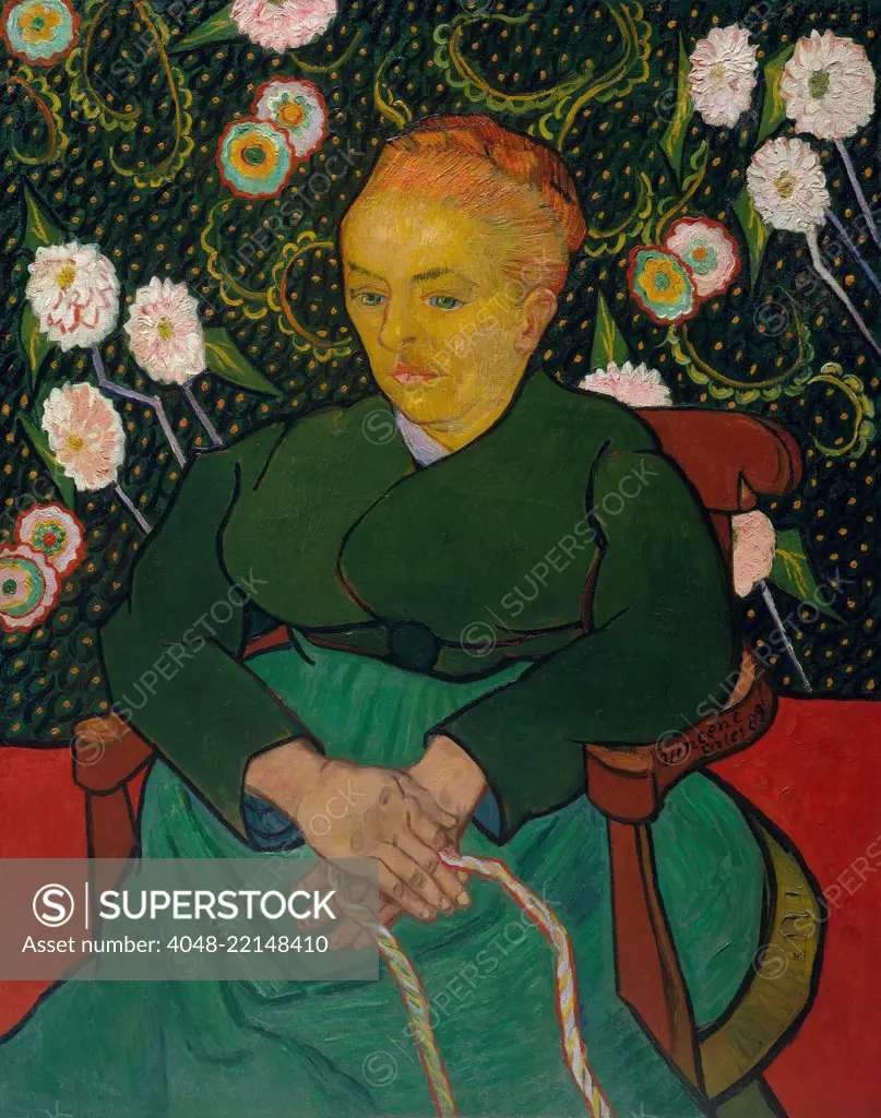 L'Arlesienne: Madame Joseph-Michel Ginoux, by Vincent Van Gogh, 1888-89, Dutch Post-Impressionist. This is an oil on canvas painting of Marie Ginoux, the proprietress of the Café de la Gare, wearing the regional costume of Arles (BSLOC_2017_5_48)