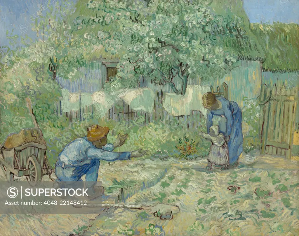 First Steps, after Millet, by Vincent Van Gogh, 1890, Dutch Post-Impressionist, oil on canvas. While a patient at the asylum in Saint-Remy, Van Gogh painted copies after realist Jean-Francois Millet (BSLOC_2017_5_50)