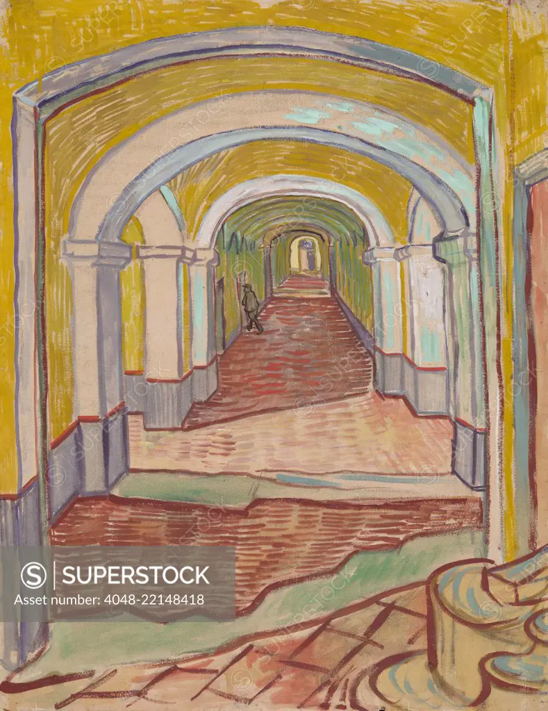 Corridor in the Asylum, by Vincent Van Gogh, 1889, Dutch Post-Impressionist painting. This mixed media work of oil color and black chalk on pink paper, used exaggerated linear perspective to expressively paint the Saint-Remy Asylum in Arles (BSLOC_2017_5_56)