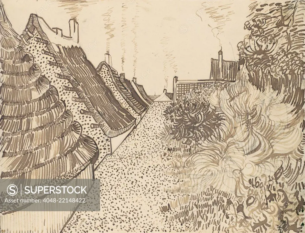 Street in Saintes-Maries-de-la-Mer, by Vincent Van Gogh, 1888, Dutch Post-Impressionist drawing. The reed pen and ink over graphite on paper was made in a Mediterranean fishing village scene with thatched roofs and smoking chimneys (BSLOC_2017_5_59)