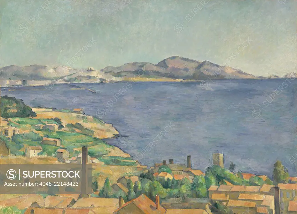 Gulf of Marseilles Seen from L'Estaque, by Paul Cezanne, 1885, French Post-Impressionist painting. The Red roofs of the fishing village of LEstaque contrast with the blue sea. On a distance hill, are the towers of Notre-Dame-de-la-Garde in the city of Ma (BSLOC_2017_5_6)