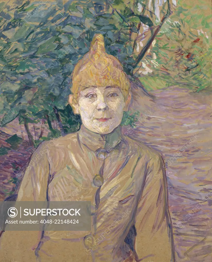 The Streetwalker, by Henri de Toulouse-Lautrec, 1890-91, French Post-Impressionist oil painting. The nickname of woman was La Casque d'Or (Golden Helmet), referring to her wig. She sits in the garden of Monsieur Forest, Lautrec's neighbor in Montmartre (BSLOC_2017_5_61)