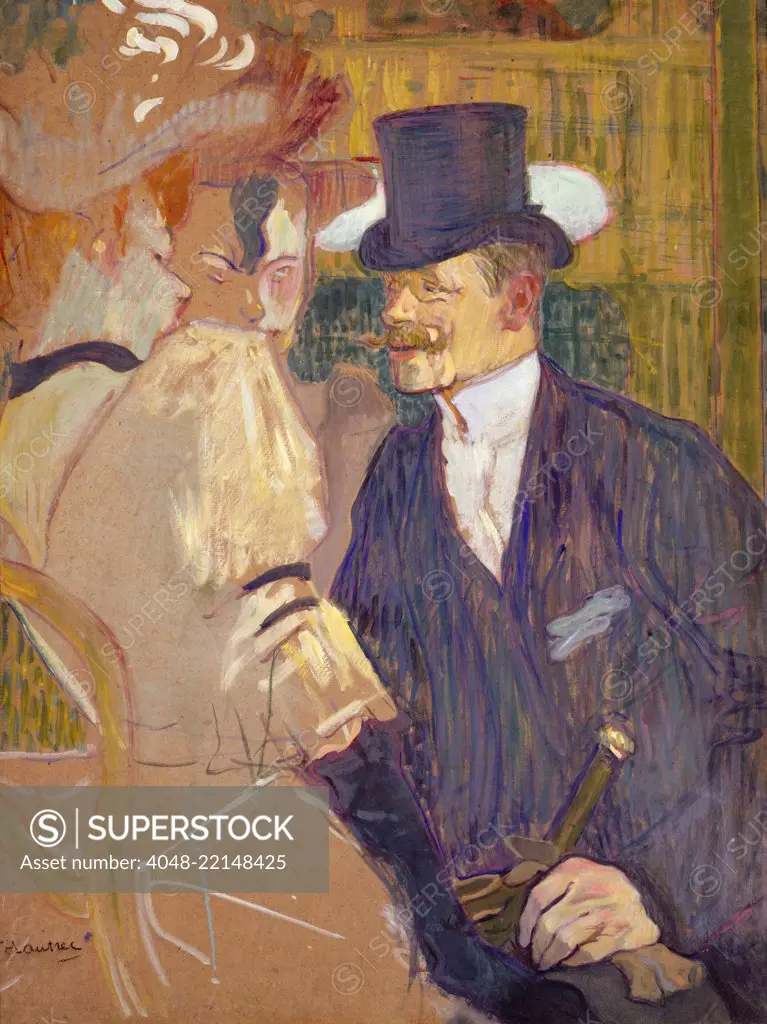 The Englishman at the Moulin Rouge, by Henri de Toulouse-Lautrec, 1892, Post-Impressionist painting. Lautrec's friend, English painter William Tom Warrener, appears as a top-hatted gentleman with two female companions at the Moulin Rouge. Warreners redde (BSLOC_2017_5_62)