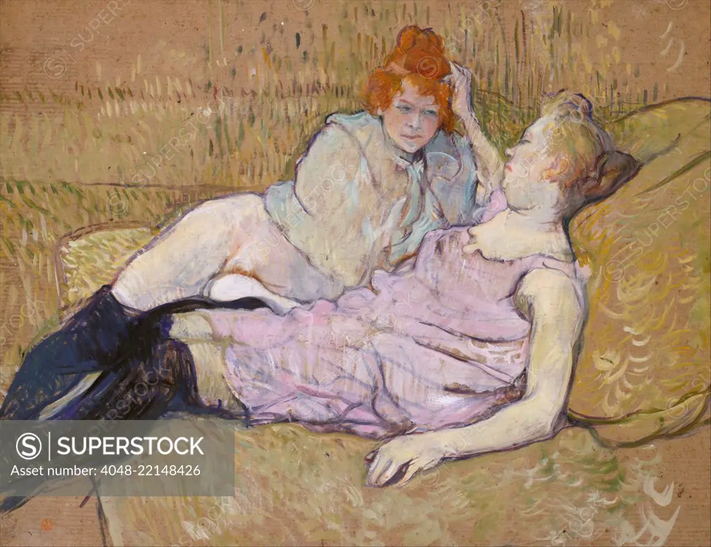 The Sofa, by Henri de Toulouse-Lautrec, 1894-96, French Post-Impressionist, oil on canvas cardboard. Two prostitutes identified as a lesbian couple, lounge on a sofa. Between 1892 and 1896, Lautrec made about 50 paintings of Paris brothels and their deniz (BSLOC_2017_5_63)