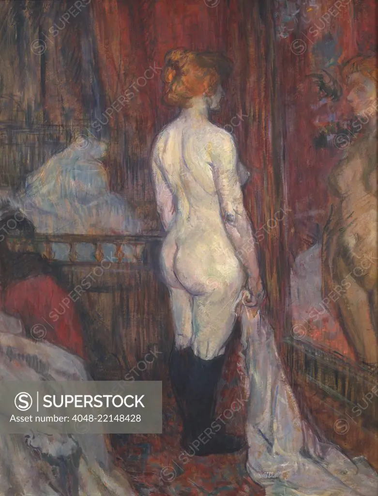 Woman before a Mirror, by Henri de Toulouse-Lautrec, 1897, French Post-Impressionist oil painting. Full length naturalistic portrait of a naked women, possibly a prostitute, facing a mirror in a Paris interior (BSLOC_2017_5_64)