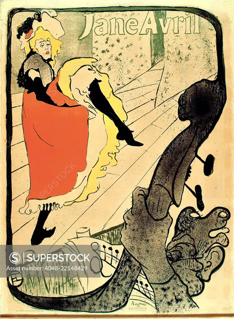 Jane Avril, by Henri de Toulouse-Lautrec, 1893, French Post-Impressionist print, lithograph. Avril, friend of the artist, commissioned this print to advertise her cabaret show at the Jardin de Paris (BSLOC_2017_5_65)