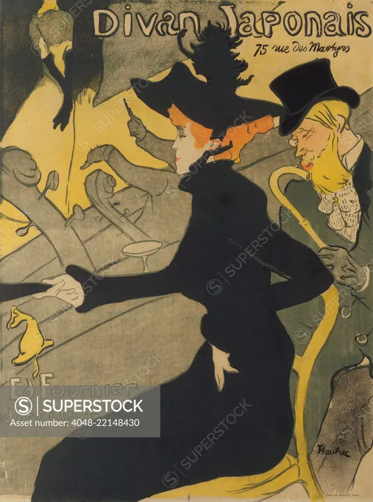 Divan Japonais, by Henri de Toulouse-Lautrec, 1892-93, French Post-Impressionist print, lithograph. This poster advertised the nightclub, with two of his favorite Montmartre performers, Yvette Guilbert and Jane Avril. Avril is seated in center with Edouar (BSLOC_2017_5_66)